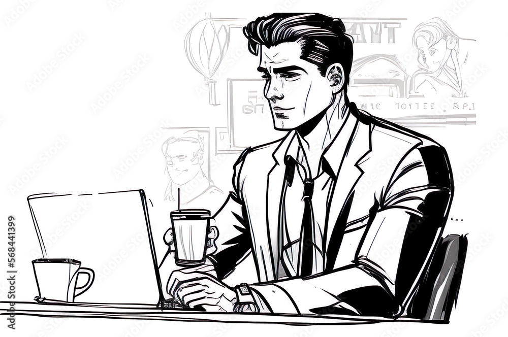 Business man in a cafe with a laptop. Drinking coffee, sitting at the table, having a good time. Generative AI Business man in a cafe with a laptop. Drinking coffee, sitting at the table, having a good time. Generative AI