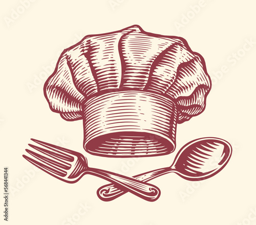 Chef hat, spoon and fork. Cooking food, restaurant menu concept. Sketch vintage vector illustration
