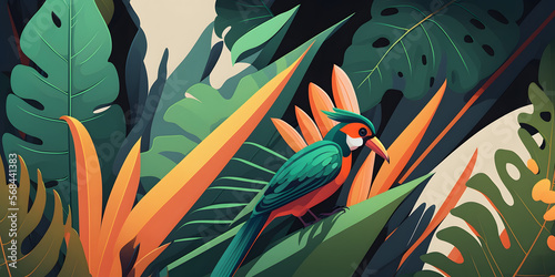 Tropical leaves with bird of paradise, jungle background, Illustration generative ai 
