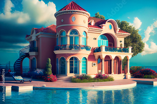 Exterior of a luxury house with swimming pool. Modern Villa. Generative AI.