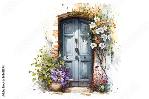 Fototapeta Naklejka Na Ścianę i Meble -  cozy door with flowers on white background, watercolor. Generative AI