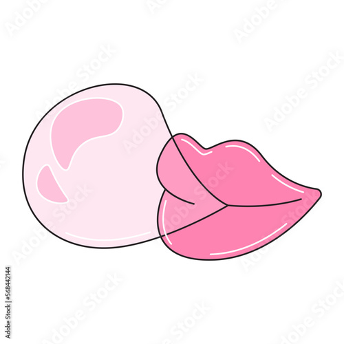 Cute lips blowing pink bubble gum. Colorful vector sticker isolated on white background.