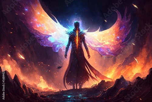 fantasy fiction character design, a man wearing purple cloak with powerful energy emerge around , flame wing, Generative Ai © QuietWord