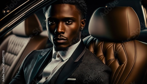 Successful black man in a business suit sitting in luxurious leather car interior generative ai © Roman