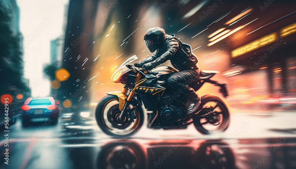 motorcycle with motion speed blur on wet ground, water splashing, blur urban city background, Generative Ai