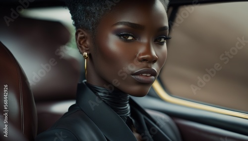 Successful black woman in a business suit sitting in luxurious leather car interior generative ai © Roman