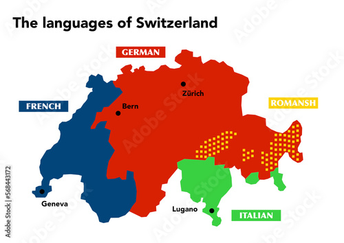 Map showing the geographical distribution of the four national languages of Switzerland photo