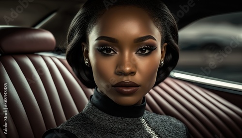 Successful black woman in a business suit sitting in luxurious leather car interior generative ai © Roman