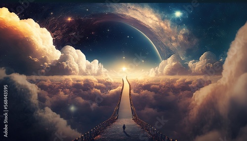 Fototapeta Naklejka Na Ścianę i Meble -  heavenly way path to the light, way to heaven, idea for hope and spiritual journey, travel to unknown place, Generative Ai	
