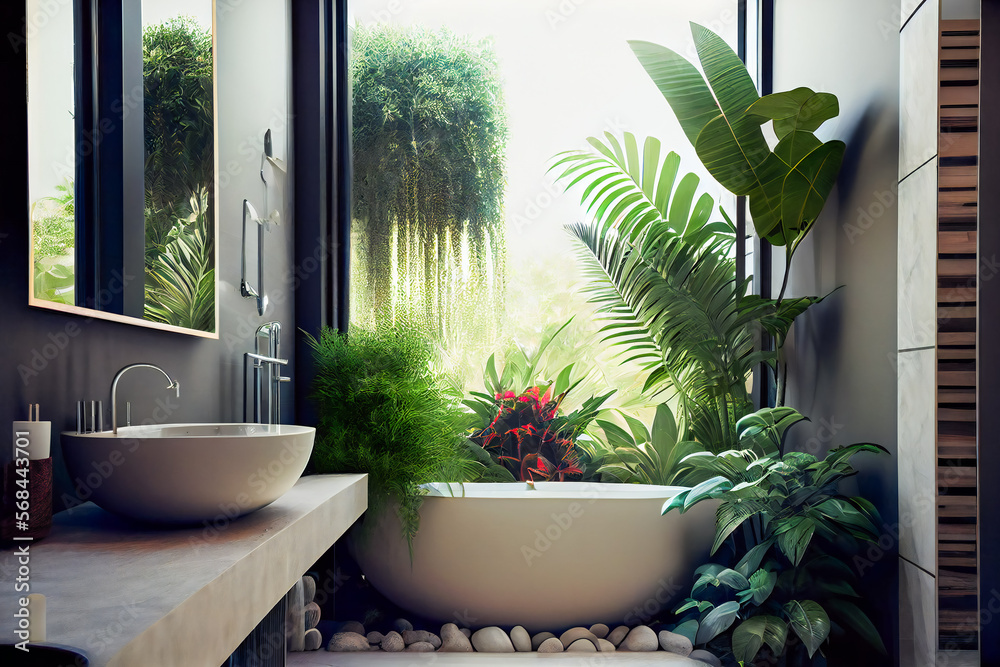 Bathroom interior decorated with green plants.   Modern comfortable bathroom.  Generative AI.