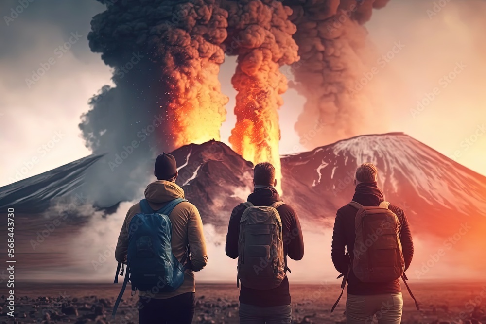 people go visit erupt volcano, standing in front of the eruption, generative Ai