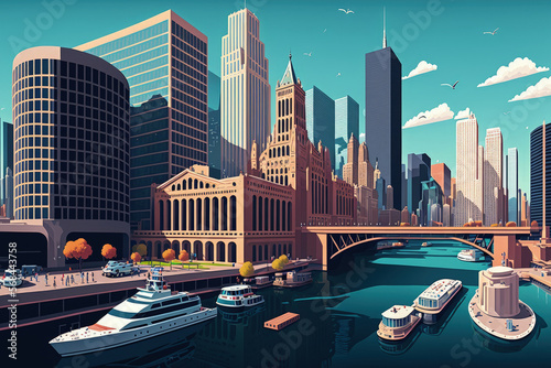 Chicago's downtown and Riverwalk are visible in this daytime panorama in Illinois, USA. Concept of artificial intelligence. AI in business, neural networks, machine learning, and robotics. Generative