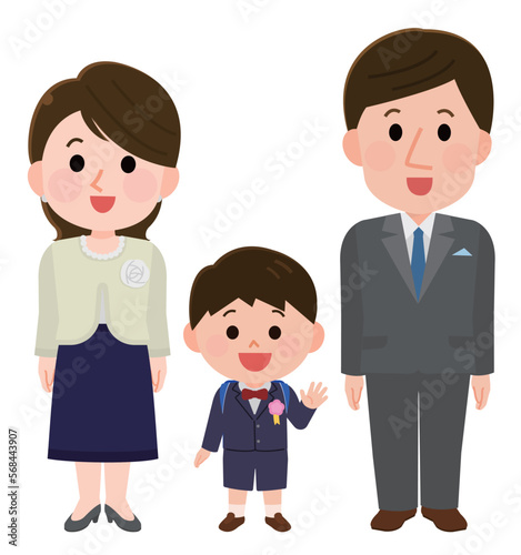 フォーマルな服装で笑顔の夫婦と男の子　入学式や卒業式　イラスト