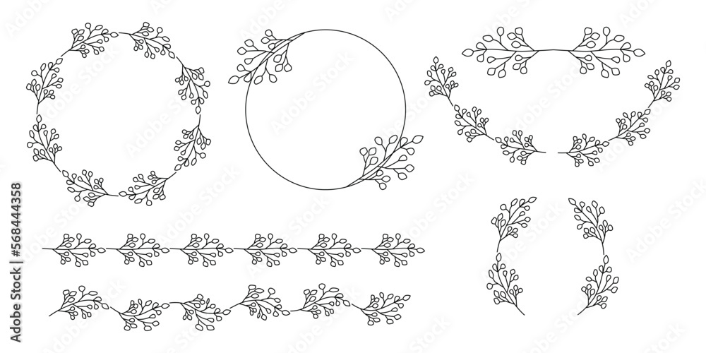 Hand drawn floral frames with flowers, branch and leaves. Vector wreaths, frames and floral elements for design. Set of floral elements. Frames in line art style