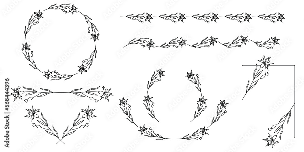 Hand drawn floral frames with flowers, branch and leaves. Vector wreaths, frames and floral elements for design. Set of floral elements. Frames in line art style