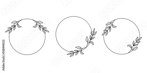 Set of black round frames from leaves. Laurel wreaths. Collection of floral frames. Decorative natural elements for design. Frames in line art style