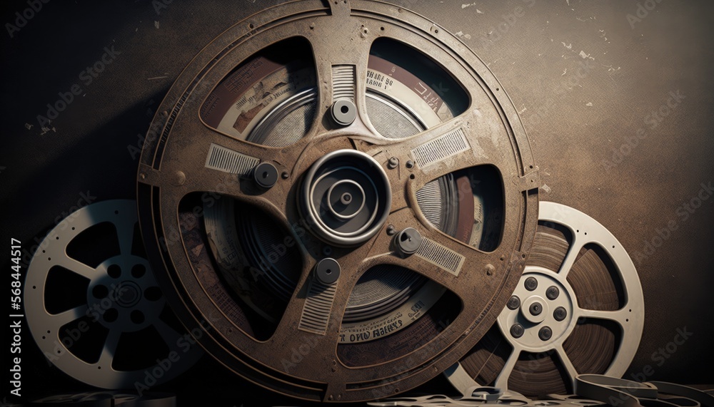 Fototapeta premium Illustration with old cinema film reels, background. Generative AI