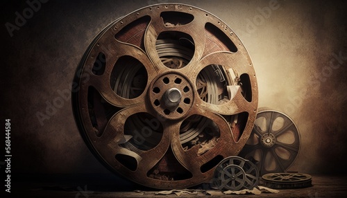 Illustration with old cinema film reels, background. Generative AI