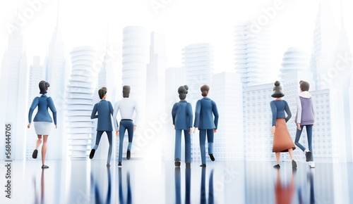 Successful business people walking in the City against of skyscrapers and office buildings. 3D rendering illustration   © IRStone