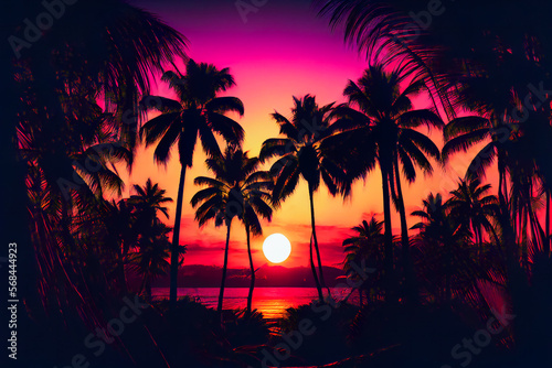 Blue palm trees at sunset.  Generative AI. © EwaStudio