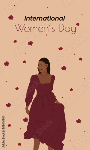 Happy international women's day. Black girl in burgundy dress with falling flowers poppies on beige yellow background. Card, invitation, banner