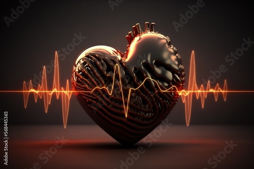 Illustration with heart and heartbeat graphic, black background. Generative AI 