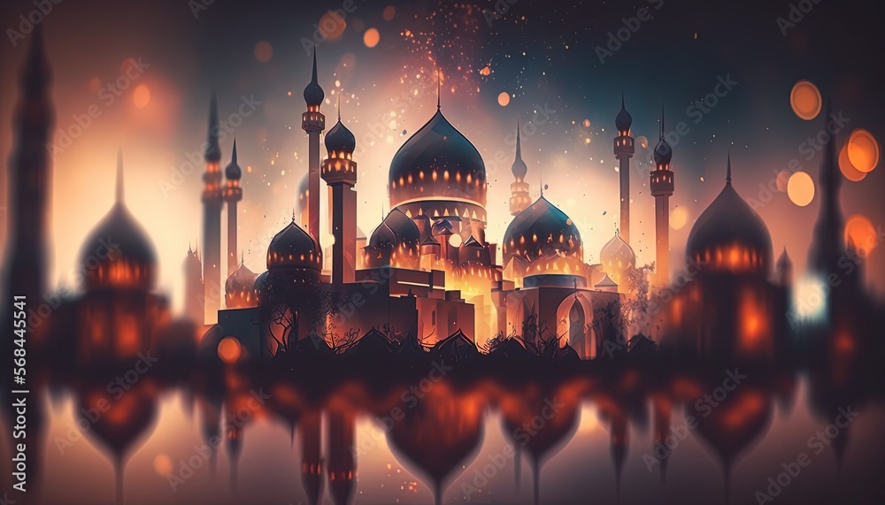 beautiful abstract background, blurred cityscape with dome building church or  mosque in urban metropolis, Generative Ai