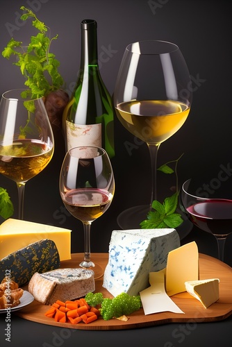 Table with different cheeses and wine glass on dark background - generative ai