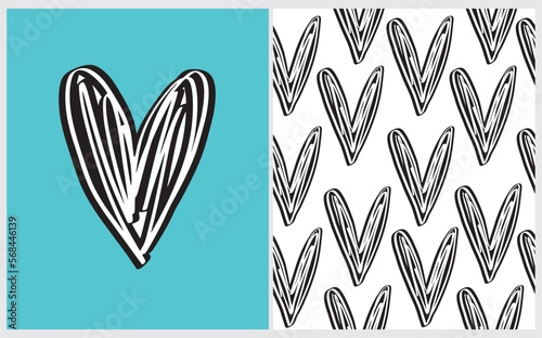 Card and Seamless Vector Pattern with Hand Drawn Hearts isolated on a Blue and Black Background. Romantic Prints ideal for Wall Art, Poster, Fabric, Wrapping Paper.Valentine's Day Graphic.Love Symbol.