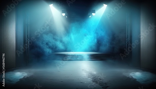 blue, spotlights shine on stage floor in dark room, idea for background, backdrop, mock up, Generative Ai 