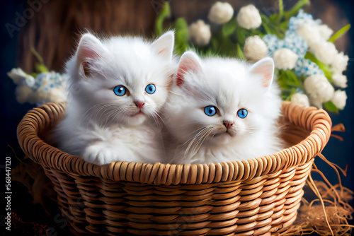 Fluffy white kittens sitting in a  wicker basket.  Generative AI. © EwaStudio