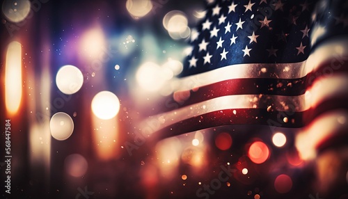 close up U.S.A. national flag flew in wind with bokeh light, idea for national federal holiday celebration theme background wallpaper, Generative Ai
