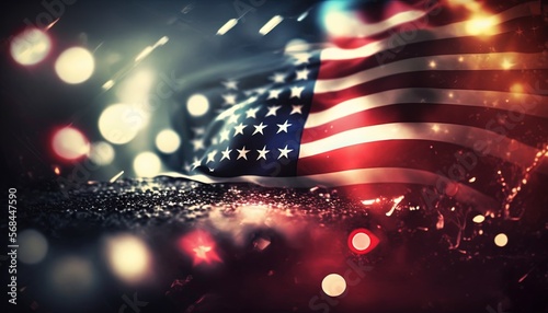 close up U.S.A. national flag flew in wind with bokeh light, idea for national federal holiday celebration theme background wallpaper, Generative Ai