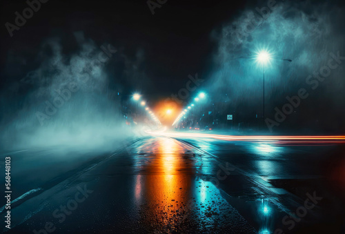 Wet asphalt reflection of neon lights a searchlight , generative ai © Fatih Nizam
