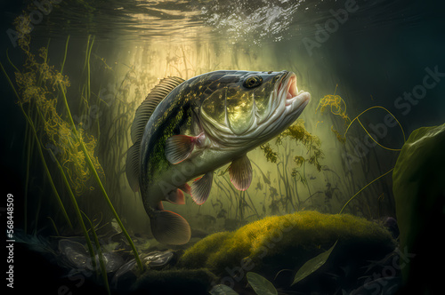 Fototapete Predatory fish Largemouth bass in habitat under water looking for prey