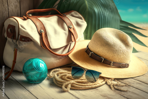 Fotografija Straw hat, bag and sun glasses on a tropical beach, generative ai