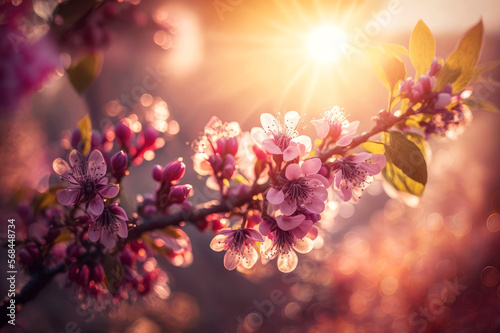 Spring border or background art with pink blossom  generative ai