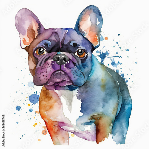 Watercolor French Bulldog Dog, Illustration Generative AI