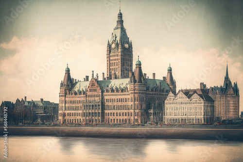Panorama of the city of Antwerp, Belgium, including the Scheldt River and the imposing Pilotage Authority Building. toned coolly. Generative AI photo
