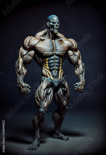 Monster with huge muscles and Skull Face.  Generative AI.
