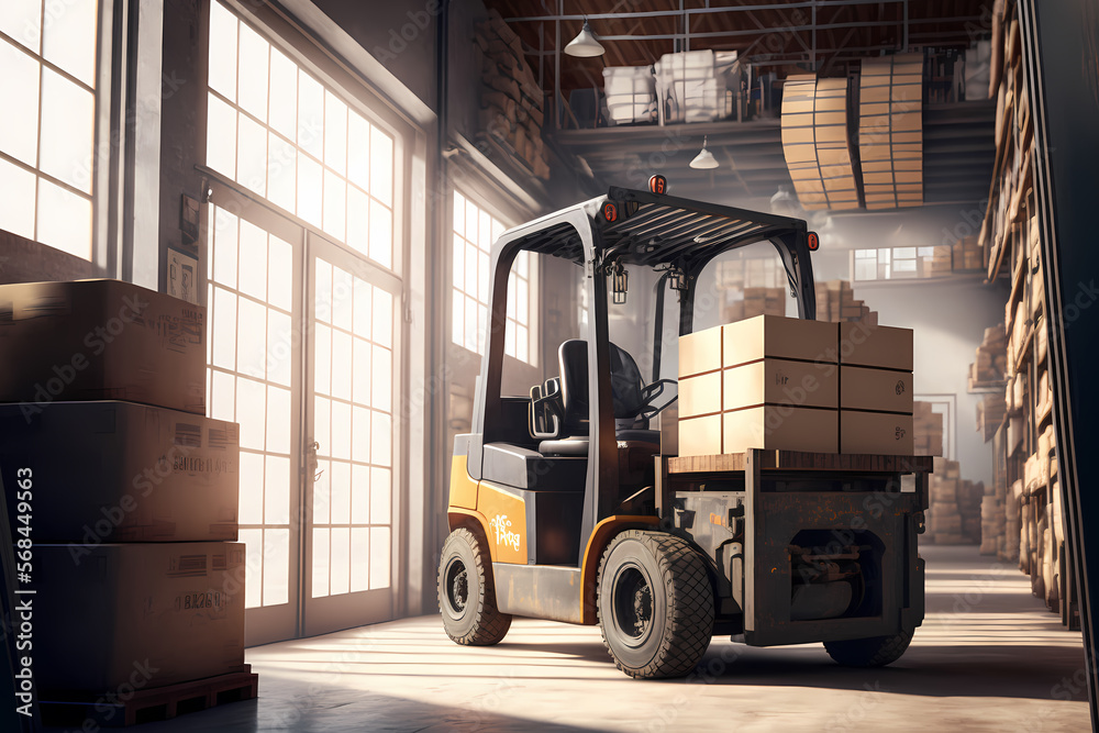 Concept center of logistic storage. Forklift with box working in Warehouse industrial premises for storing materials and wood. Generation AI