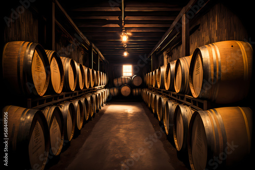 Barrels in wine storage cellar, old whisky bottles. Generation AI