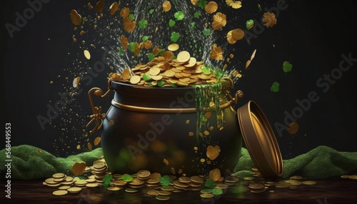 St Patricks pot with gold coins and clovers, generative ai photo