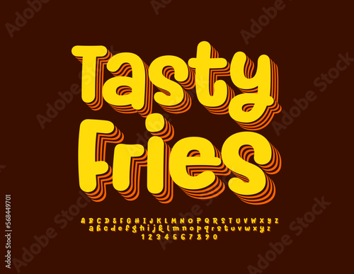 Vector advertising emblem Tasty Fries with layered trendy Font. 3D handwritten Alphabet Letters, Numbers and Symbols set