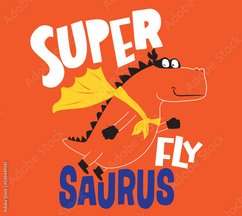 Funny dinosaur in superhero costume. Super Dino. Cartoon superhero flying with cape waving in the wind