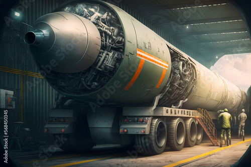 Nuclear warheads in hangar  ready to mission. Industry weapon army factory for tomic ballistic missile bomb. Generation AI