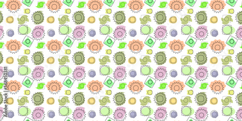 seamless pattern with sun and irregular multicolored flowers on a beige background