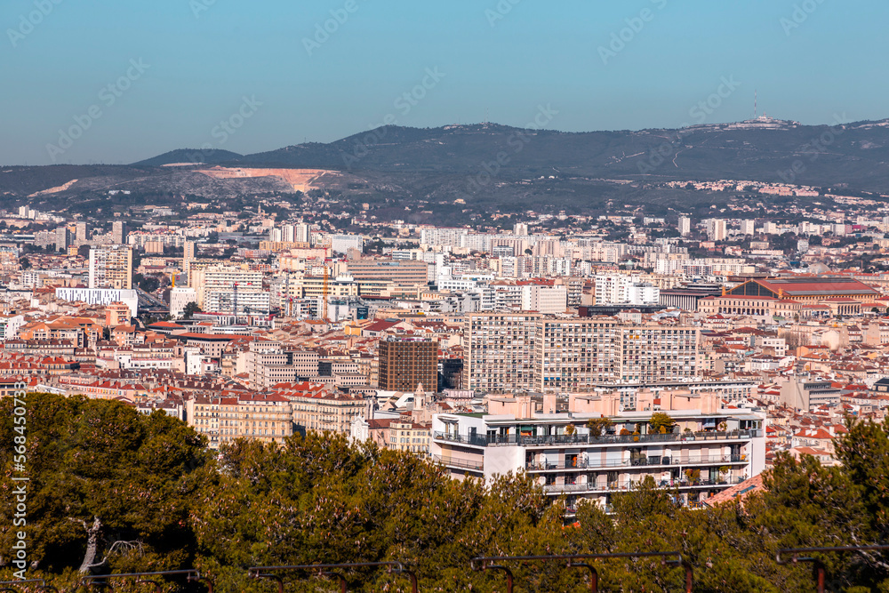 Marseille, France - FEB 28, 2022: Aerial view of the city of Marseille on a sunny winter day