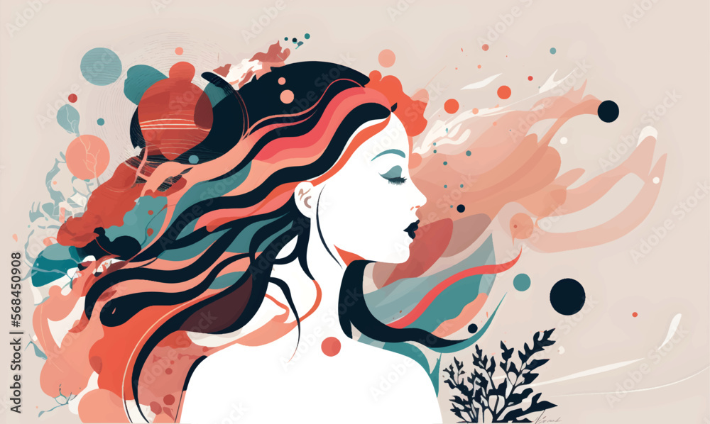 Wind Abstract Female beautiful young girl with hair in the wind, Abstract vector ...
