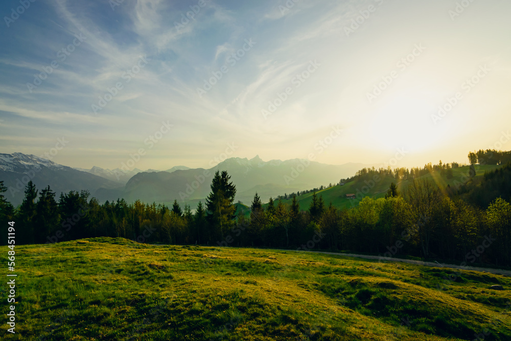 Spring sunset on alpine meadow in Switzerland